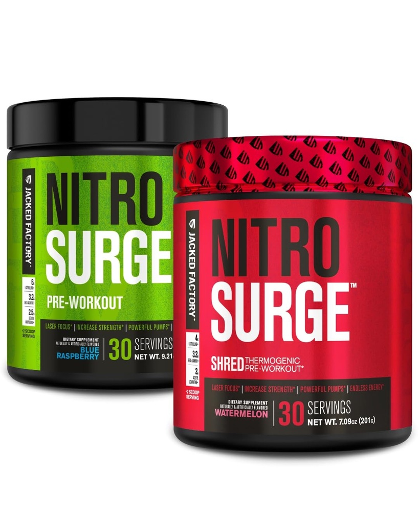Fabrica Jacked Nitrosurge Pre-workout în zmeură albastră și pepene verde Nitrosurge Shred termogenic Pre-Garning pentru bărbați și femei