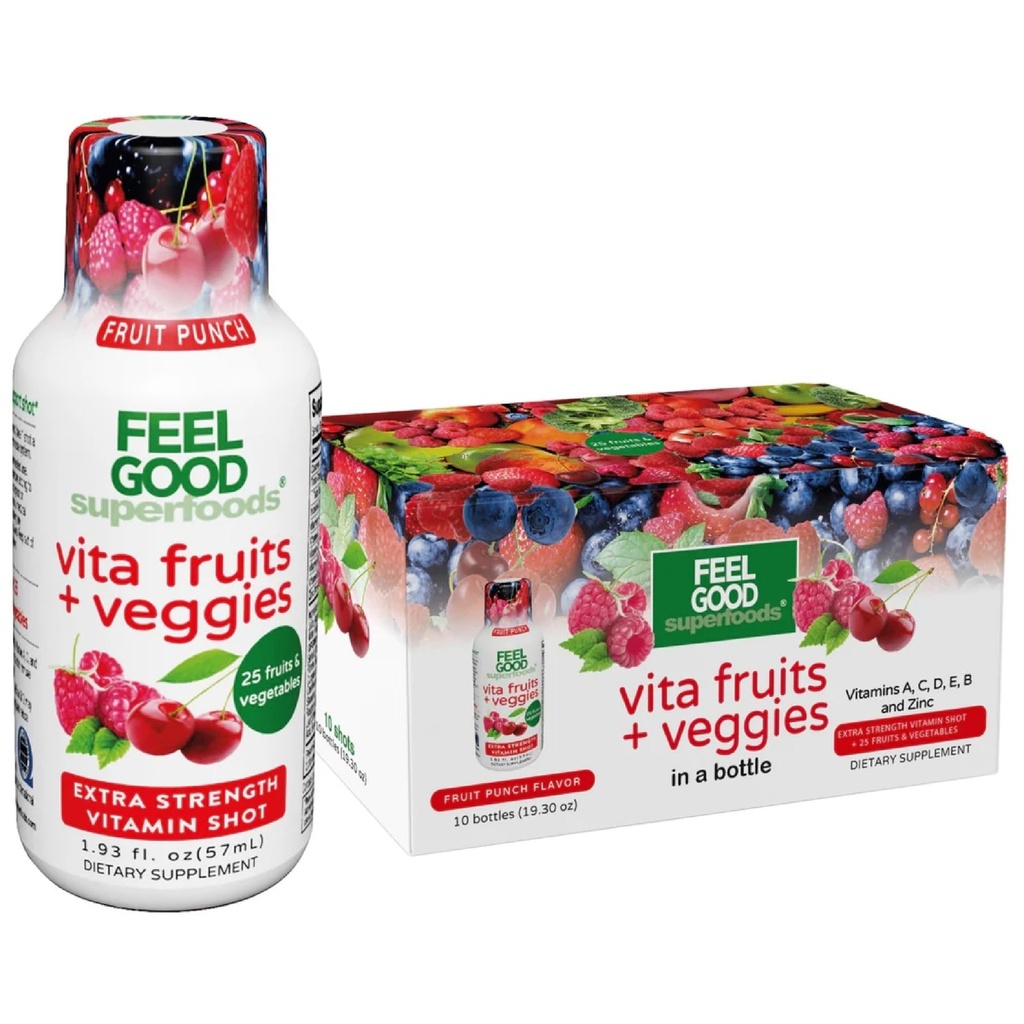 FeelGood Superfoods Vita Fructe și legume Suport Immune Shot Suplimente, Fructe Punch Flavor, Pachet de 10 Shoturi de imunitate, Immunity System Booster băutură făcută cu 25 de fructe și legume organice