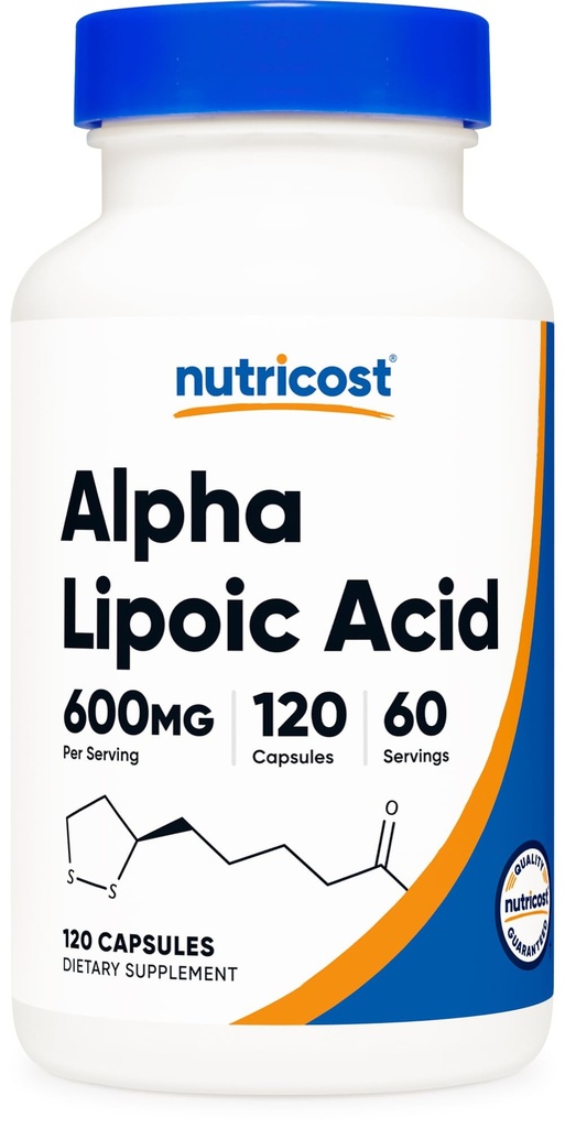 Nutricost Alpha Acid lipoic 600mg Per Servire 120 capsule, 60 Servings - Capace pe bază de plante, Non-GMO