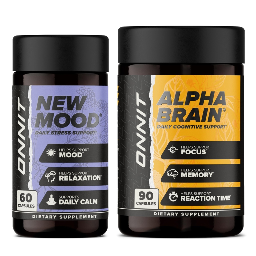 ONIT Premium Alpha Brain Bundle - Nootropic Brain Supplement (90 Count) for Focus, Concentration & Memory + New Mood Supplement for Stress Relief, Sleep and Mood (60 Count)
