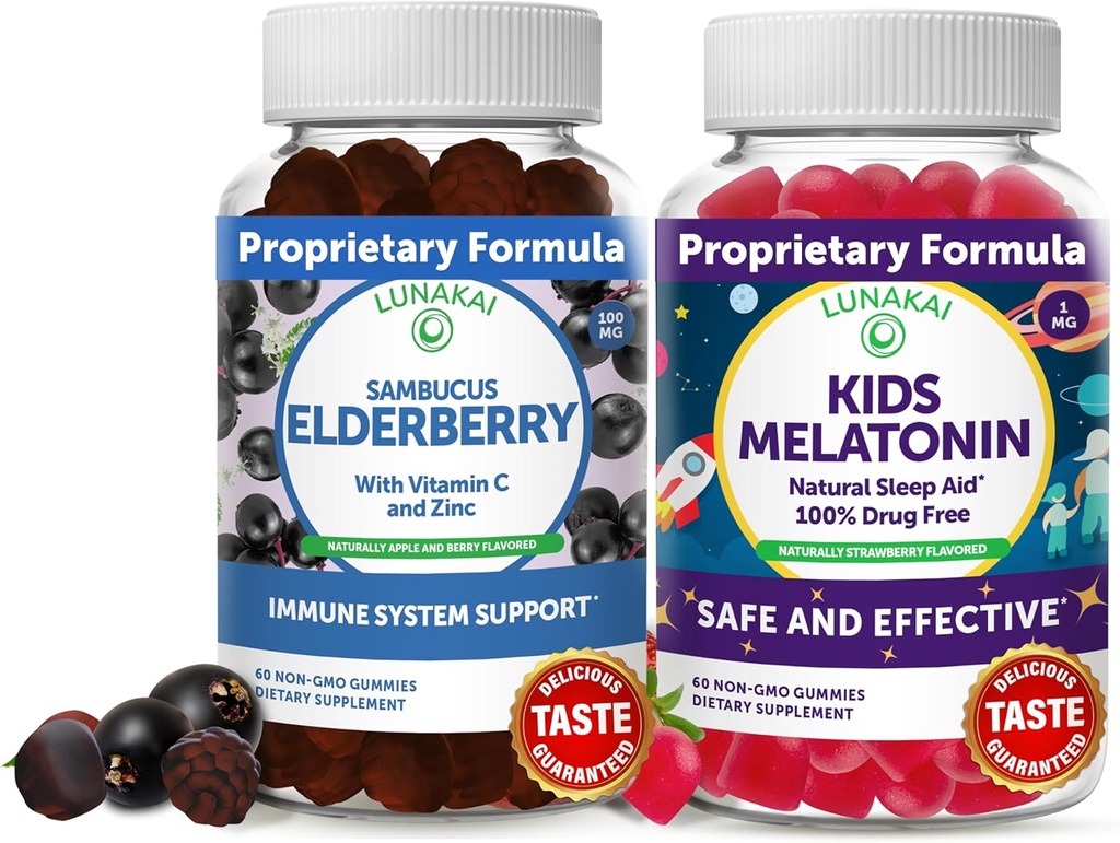 Lunakai Adult Elderberry and Kids Melatonin Gummies Bundle - Suport imunitar cu zinc și vitamina C pentru adulți și copii - non-GMO, Vegan, Gluten gratuit de somn natural Gummy