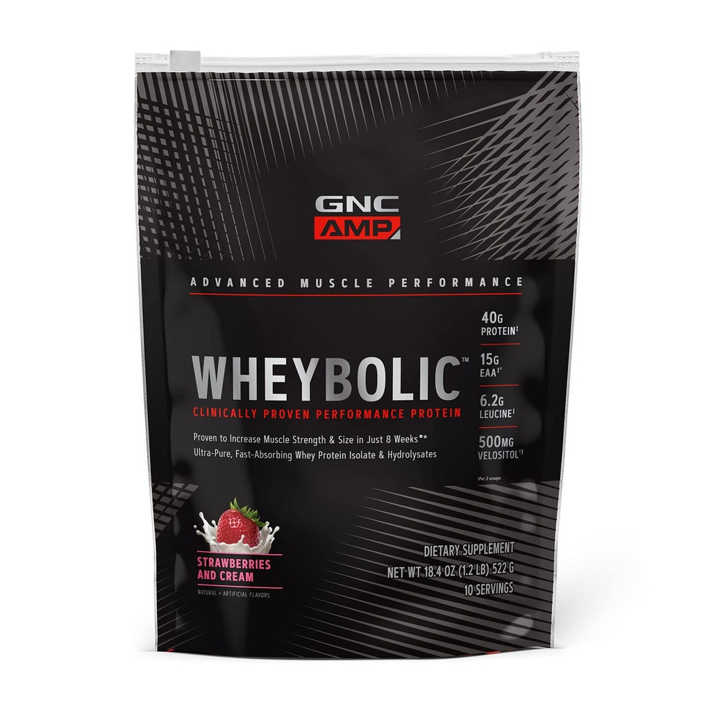 GNC AMP Wheybolic Pudră de proteine dovedit clinic, 40g Proteine Whey, BCAA, Leucine, Crește rezistența musculară, Clădire musculară, 3rd Party testate, Gluten Free, Căpșuni și Cream, 10 Serviri