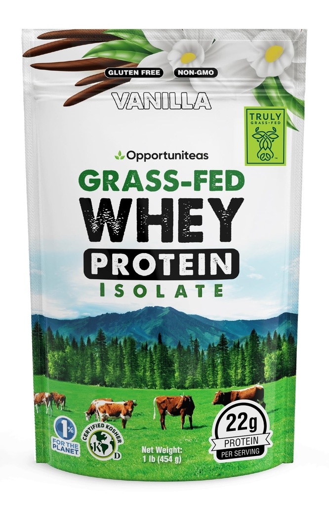 Opportuniteas Grass Fed Vanilla Whey Proteine Izolate Pulbere - 22g Proteine Pulbere fără îndulcitori artificiali, Hormone-Free Vaci, Non OMG - 1lb