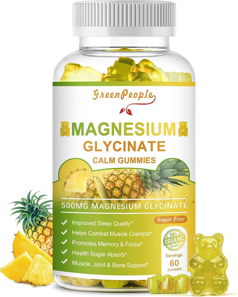 Glycinate Gumies de magneziu GREENPEOPLE cu Citrate 1000mg, Taurate & Matale - fără zahăr - Supliment de potasiu de magneziu cu vitamina D, K2 pentru calm Mood & Zzz Support - 60 de gume de ananas