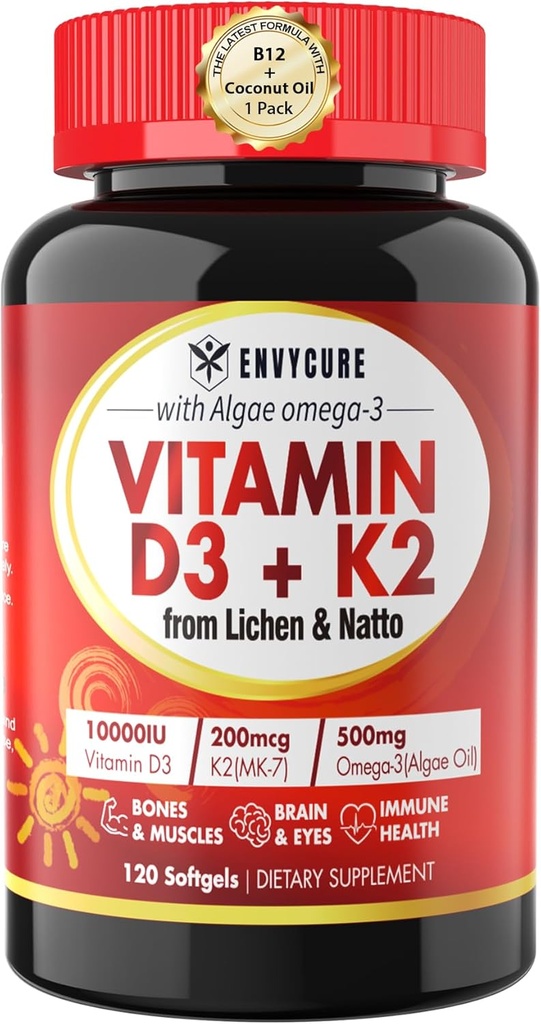 Vitamină pe bază de plante D3 K2 Supliment Softgel - Vit D3 10000 Iu + Vitamina K2 Mk7 200 Mg, Algae Omega-3, Magneziu, Vitamina B12 pentru os și mușchi, Suport imun, Absorbție maximă, Ușor de înghițit 1 ambalaj