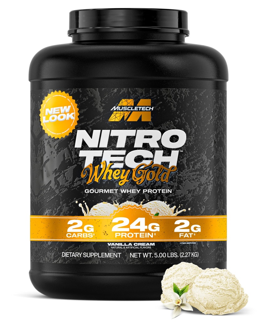 MuscleTech Whey Proteine Pulbere (Vanilla Cream, 5LB) - Nitro-Tech Proteina Whey Izolat Smoothie Mix pentru Lean Muscle & Recovery - 24g de aur Whey pentru femei si barbati - ambalare mai Vary