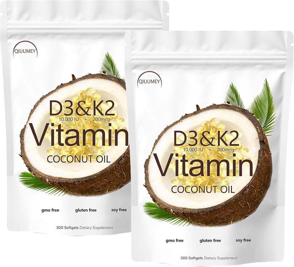 Geluri moi de ulei de nucă de cocos, vitamina D3 10000 ui Plus K2 (MK-7) 200 mcg, vitamina D3 K2 Suplimente Softgels, Vitamina D3 K2 ulei de cocos Softgels 300 Geluri