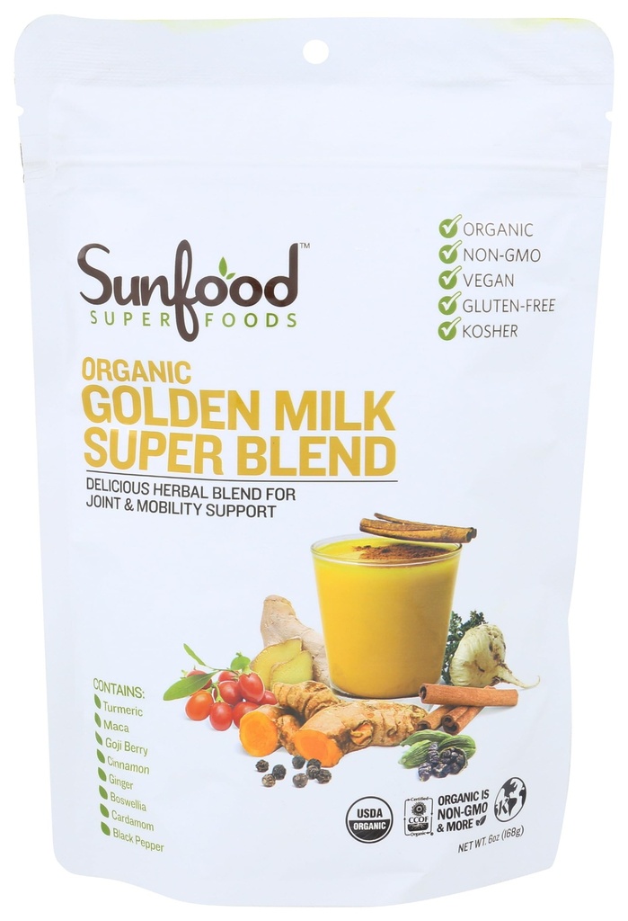 Sunfoods Golden Milk Super Blend - Superfood Golden Milk, Turmeric Powder, Superfood with Turmeric and Ginger, Black Pepper, Scorțișoară & Cardamom, Turmeric Latte Powder, Vegan, USDA Organic - 6 oz