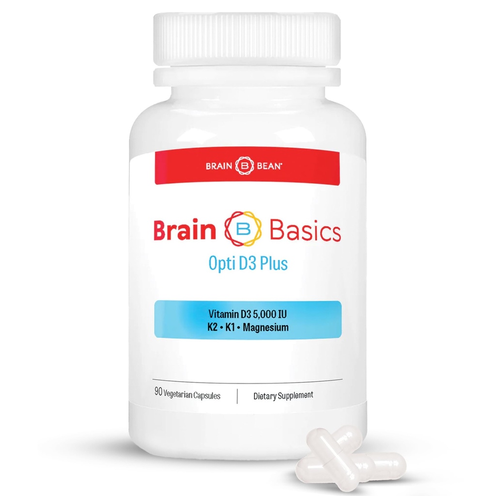 Brain Basic Opti D3 Plus - Vitamina D3 5000 UI cu K1, K2 și magneziu - Suplimentul de suport pentru creier pentru stare de spirit, minte, memorie - oase, mușchi și sănătate imună - Gluten gratuit, soia gratuit, și lactate