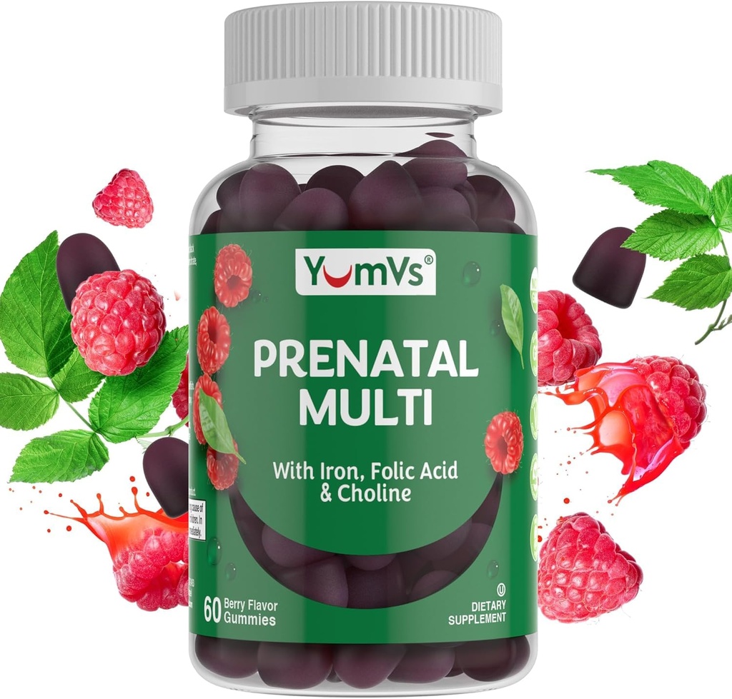 Gume prenatale YumVs pentru femei - Vitamine prenatale pentru femei cu acid folic, fier și colină - Vitamine de sarcină vegetariană și kosher - Femei Multivitamine prenatale cu A C D3 E B6 B12 (conte 60)