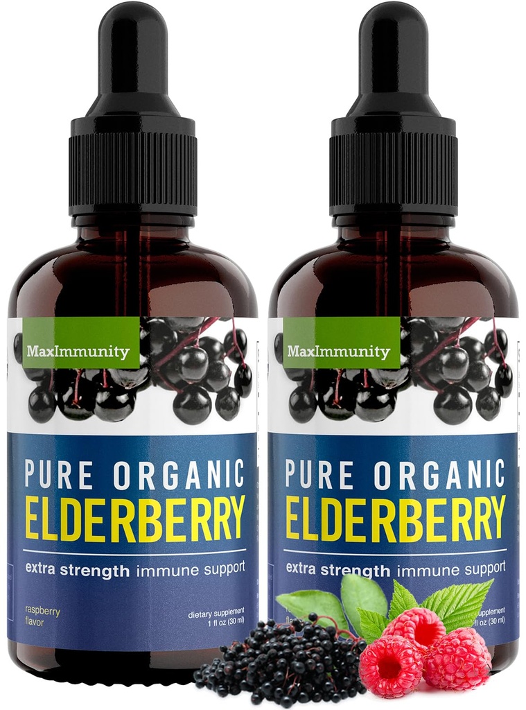 Organic Elderberry Syrup, 60 Day Supply, Black Liquid Drops for Immune Support, Sambucus Elderberry Syrup - Picături de extract lichid pentru copii și adulți - Extra Putere (2 ambalaj)