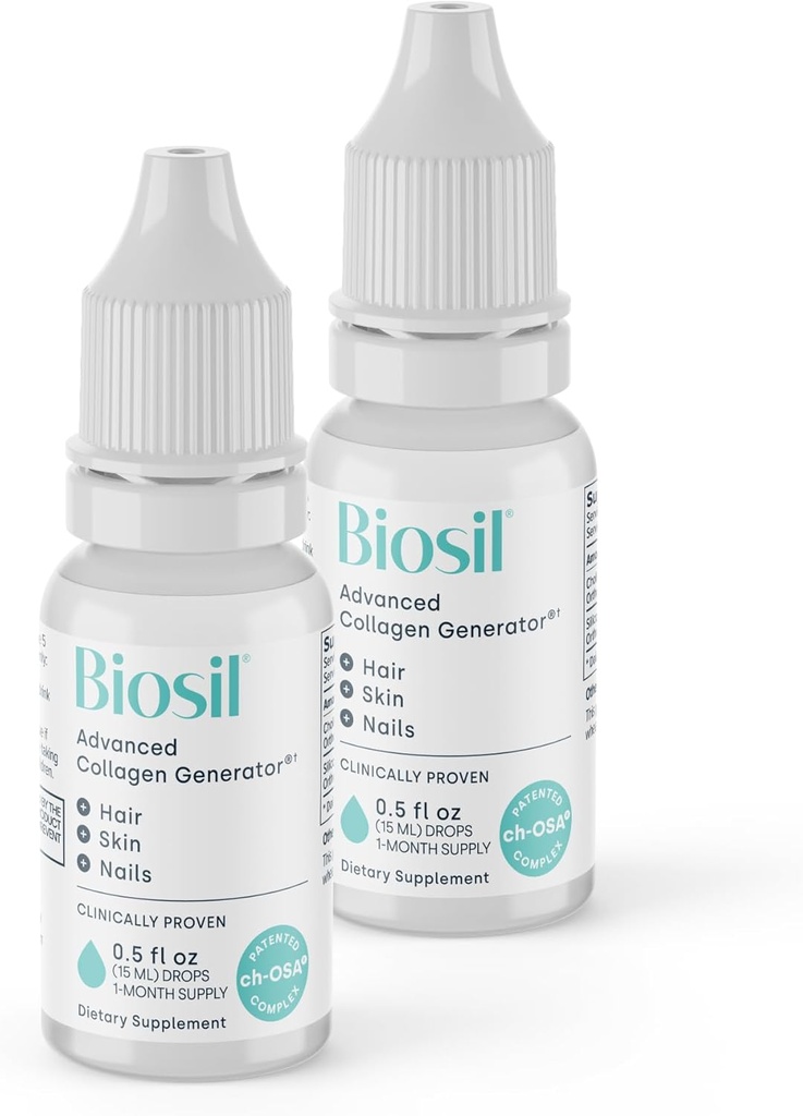 Biosil Colagen Booster Supliment - 0.5 fl oz picături, Pachet de 2 - Patentat ch-OSA Activator pentru piele, păr, unghii și articulații - Sprijină producția naturală - 60 de zile de aprovizionare
