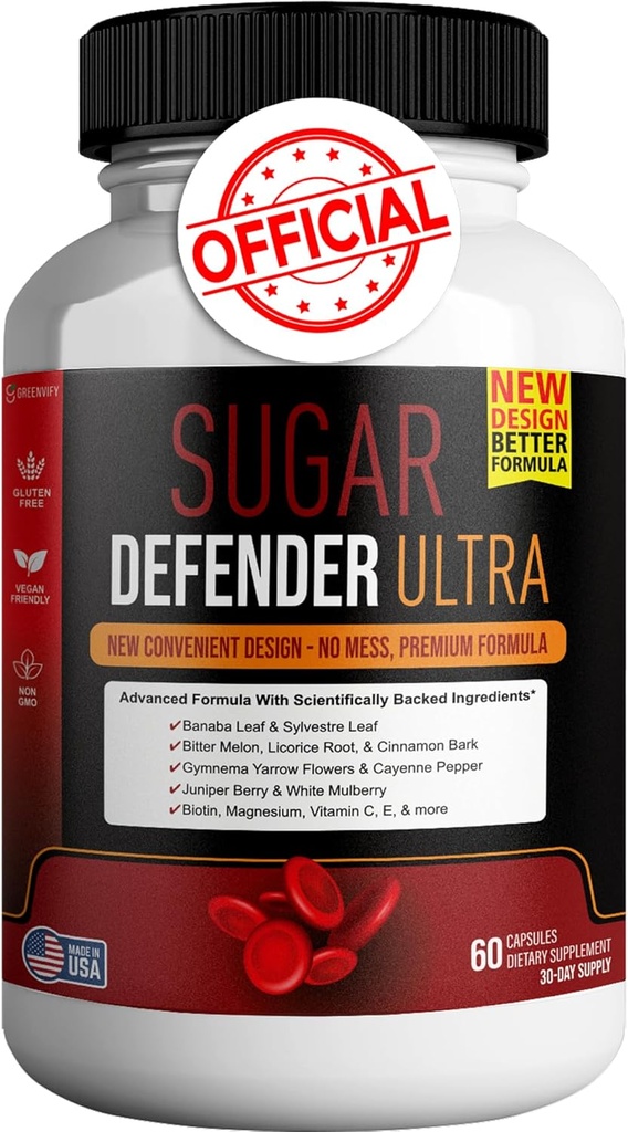 Sugar Defender Ultra - Formula avansată cu vitamine, minerale, Banaba Leaf, și mai mult - 60 capsule, Vegan, Non-GMO, Gluten-Free (1)