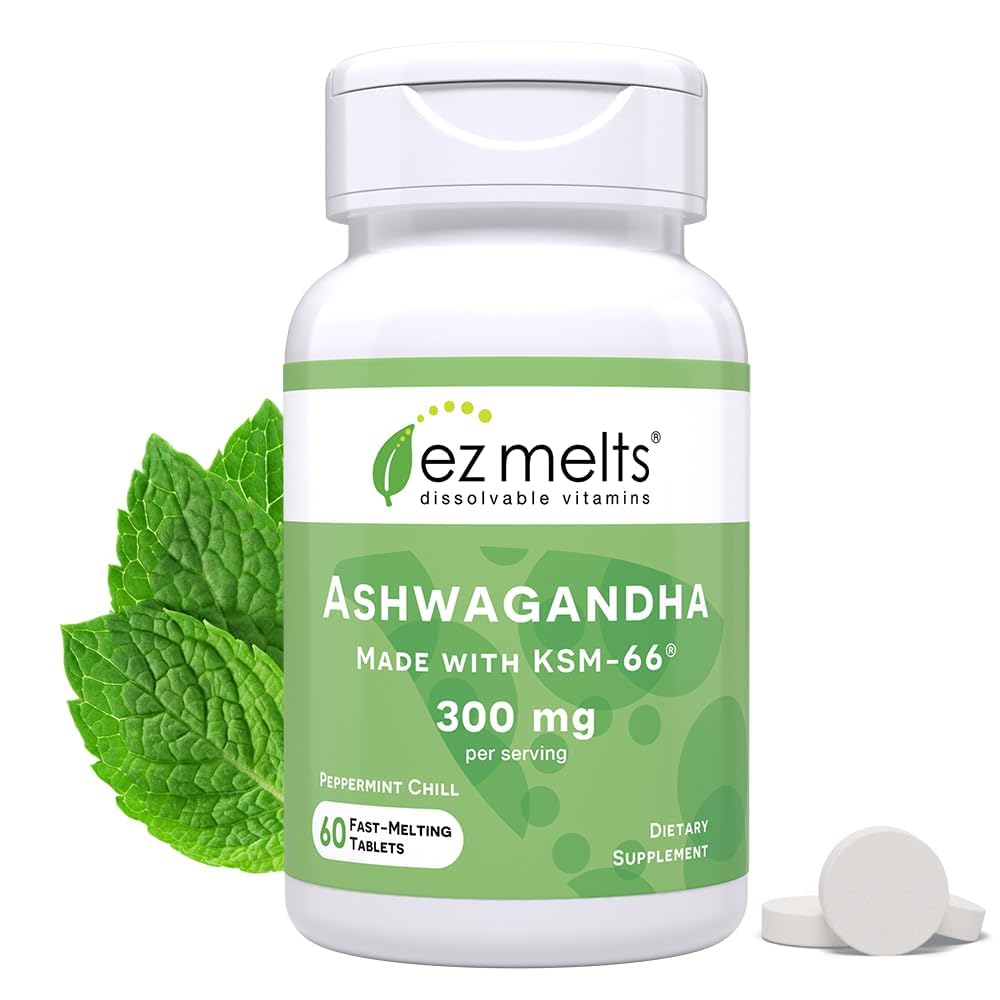 EZ Melts Dissolvable KSM-66 Ashwagandha, 300 mg, Sugar-Free, Stres, Somn și Mood Supplement, 30-Day Suppliment, Peppermint Chill-Flavor - 1 Pack