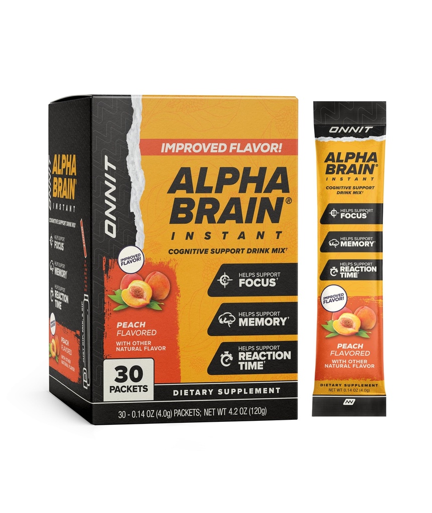 ONIT Alpha Brain Instant Peach Flavor - Nootropic Brain Booster Memory Supplement - for Focus, Energy & Clarity - Alpha GPC Choline, Cats Claw, L-Theanine, Bacopa - 30ct