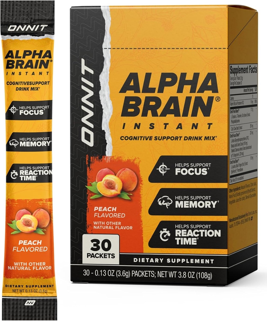 ONNIT Alpha Brain Instant Peach Flavor - Nootropic Brain Booster Memory Supplement - for Focus, Energy & Clarity - Alpha GPC Choline, Cats Claw, L-Theanine, Bacopa - 30ct