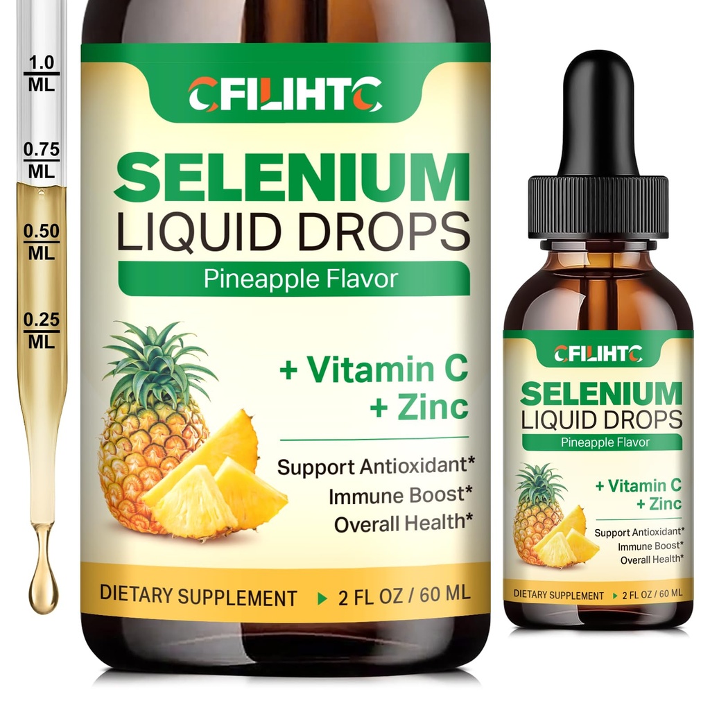 Seleniu Picături lichide, 200mcg Seleniu lichid Supliment cu vitamina C & Zinc, Suport pentru sistemul imunitar, Antioxidant & Heart Health, Absorbție ridicată, Ananas Aroma, 2 Fl Oz