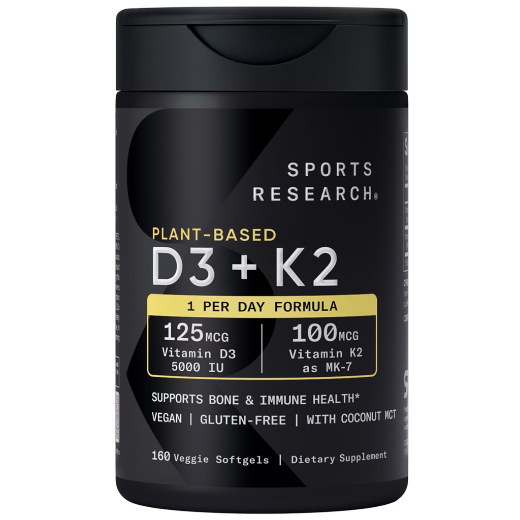 Sports Research Vitamina D3 K2 cu 5000iu de plante-Based D3 & 100mcg de vitamina K2 ca MK-7, non-GMO verificat și certificat Vegan - 160 Softgels lichid