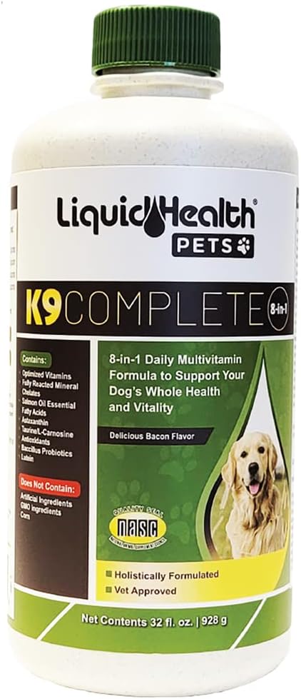 LIQUIDHEALTH Animale de companie K9 Complete 8-in-1 Multivitamine lichide pentru câini și căței adulți Senior, Toate într-o formulă completă Vitamine canine pentru piele și haină, sănătate comună, suport imunitar - Statele Unite ale Americii Made (32 oz)