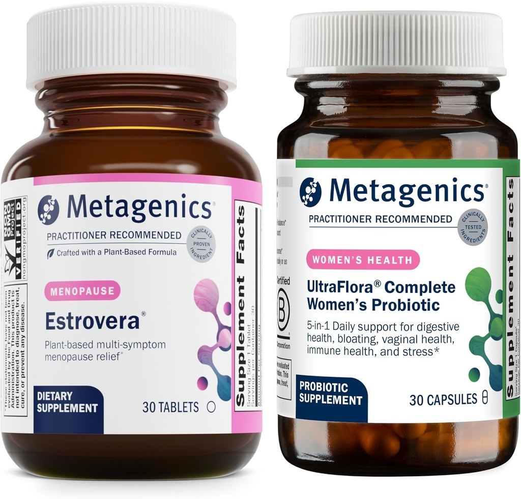 Metagenics HerWellness Estrovera (30 comprimate) & UltraFlora Probiotic pentru femei (30 capsule) - Hormone-Free Menopauza suport - SIDA Digestive Health