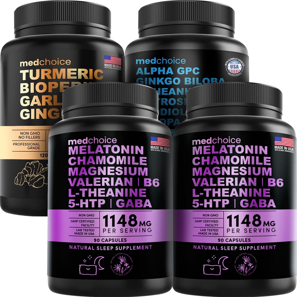 MEDCHOICE Turmeric & Ginger (120ct), Sleep Melatonin (180ct), şi Nootrop Brain (60ct) Suplimentul Bundle - Wellness Trio pentru creier, somn, şi suport imun - Vegan, non-GMO, gluten-free