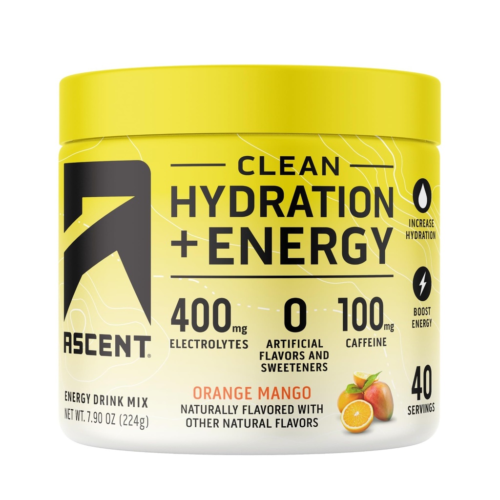 Ascensiune Clean Hidratare + Energie Electroliti pulbere - 100mg Cafeina, 400mg Electroliti, Fara Ingrediente artificiale, Orange Mango 40 Serviri