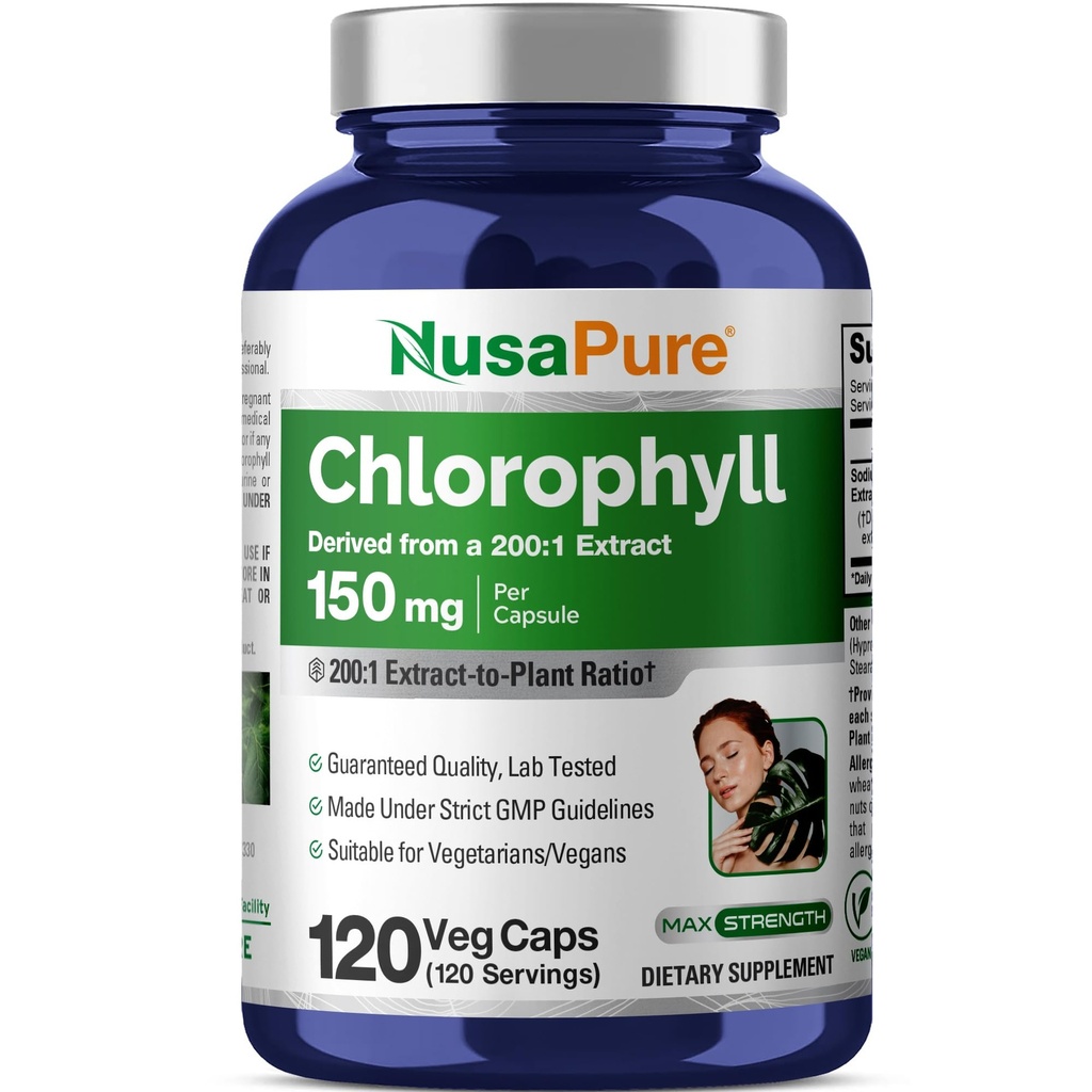 NusaPure Clorofill 200:1 Extract, 150 mg echivalent cu 30.000 mg per capsulă 120 Capse vegetariane (non-GMO, Vegan)