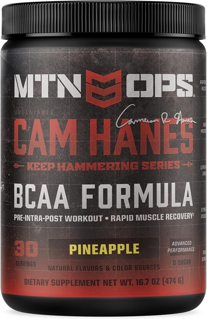 MTN OPS Cameron Hanes BCAA Powder Keep Hammering Series, 2:1:1 Amino Acids Suplimentul pulbere pentru Recuperare rapidă musculare & Reparații cu Zero Zahăr & Gluten gratuit - 30-Serving Tub