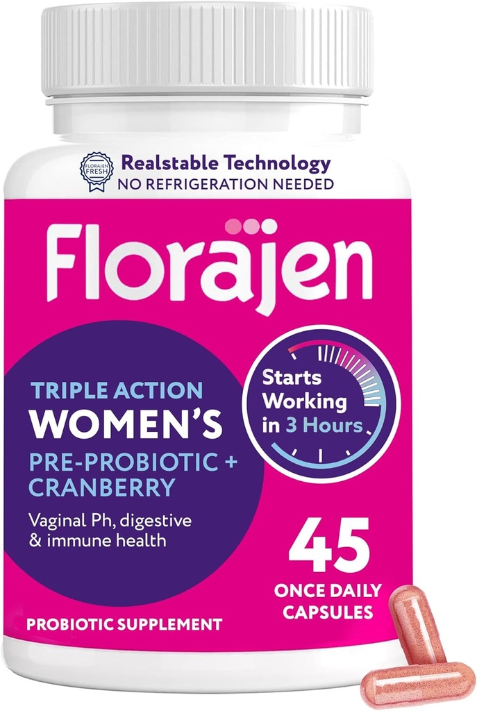 Florajen Femeii Probiotic, Prebiotic, & Cranberry Supliment pentru Vaginal Health, Immune Support, & Digestive Wellness - 30-conte