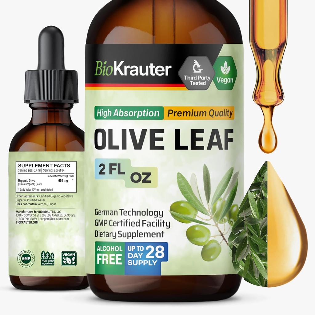 BIO KRAUTER Olive Leaf Extract lichid - Olive Leaf Tincture for Immune Support - Alcool și zahăr gratuit - Vegan picături 2 Fl.Oz.