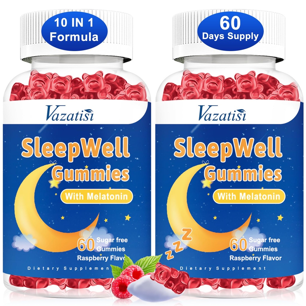 Gume de somn pentru adulți și copii - gume melatonine fără zahăr cu magneziu, L-Theanină, vitamina B12, Vegan - aroma de zmeură, 120 Cts