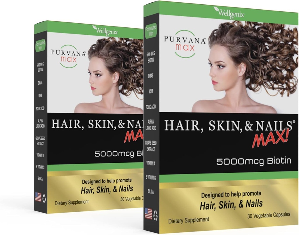 Purvana Max Păr, Piele, și unghii Vitamina - 5000mcg Biotina, Acid folic, DMAE, Extract de semințe de struguri - Una pe zi păr Vegan, piele, Nails Support - promovează producția de colagen - 30 Caps (Pachet de 2)