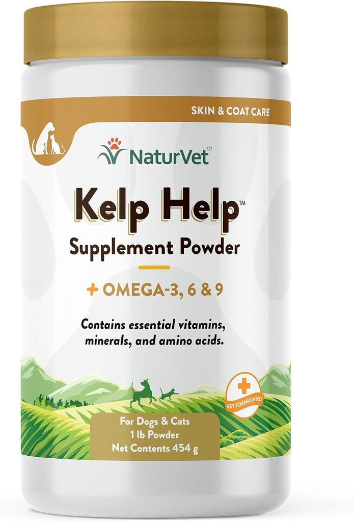 NaturVet Kelp Ajutor Plus Omegas Piele și Coat Supliment pentru câini și pisici, Pulbere, Made în Statele Unite ale Americii cu Ingrediente Globale Sursa 1 Lire