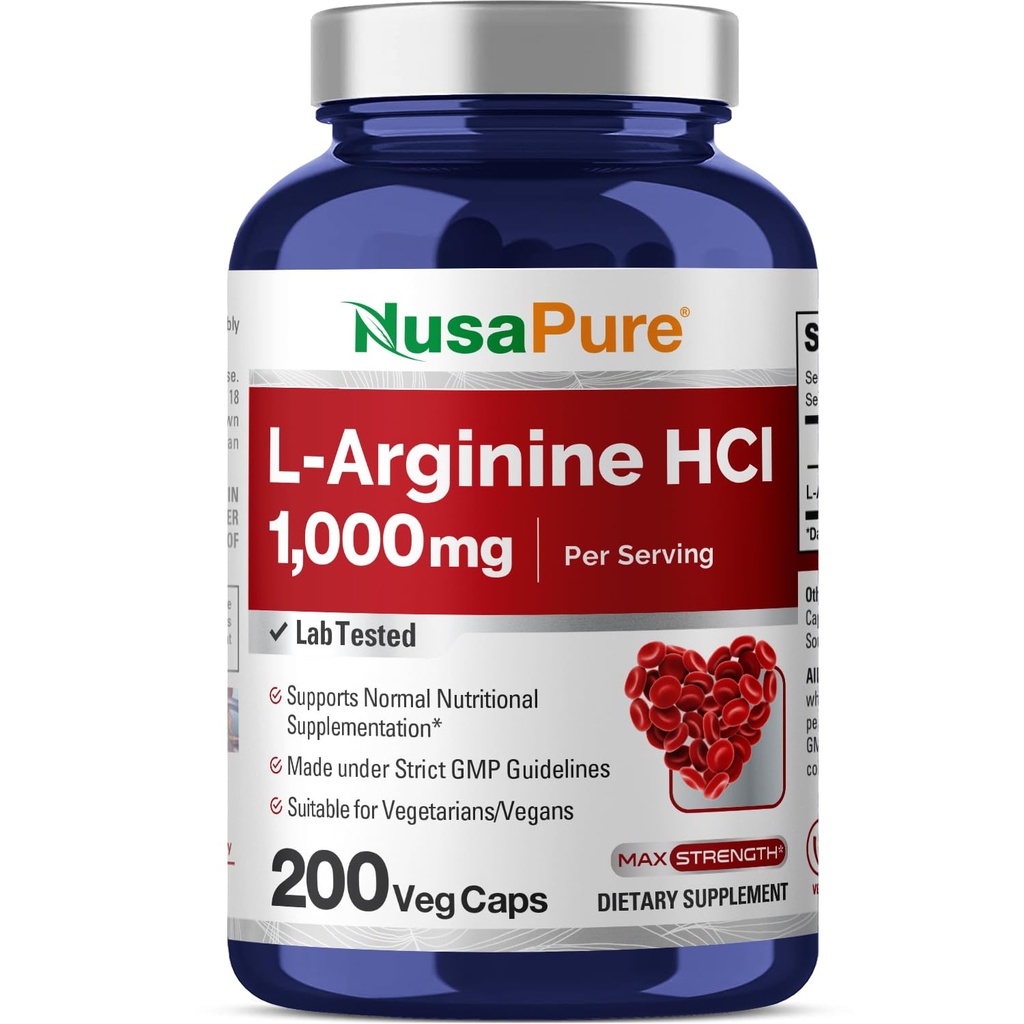 NusaPure L-Arginină 1000 mg capsule vegetale 200 (non-GMO, vegetarian, Vegan)