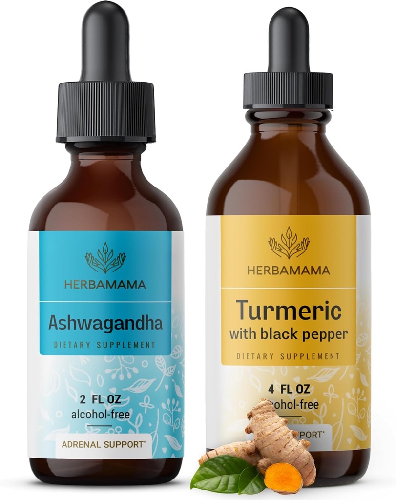 HERBAMAMA Herbal Liquid drops Kit - Bundle of Ashwagandha Root extract & Turmeric with Black Pepper Tincture 2 fl oz - Vegan, non-GMO, Sugar & Alcool-Free - 2 Pack