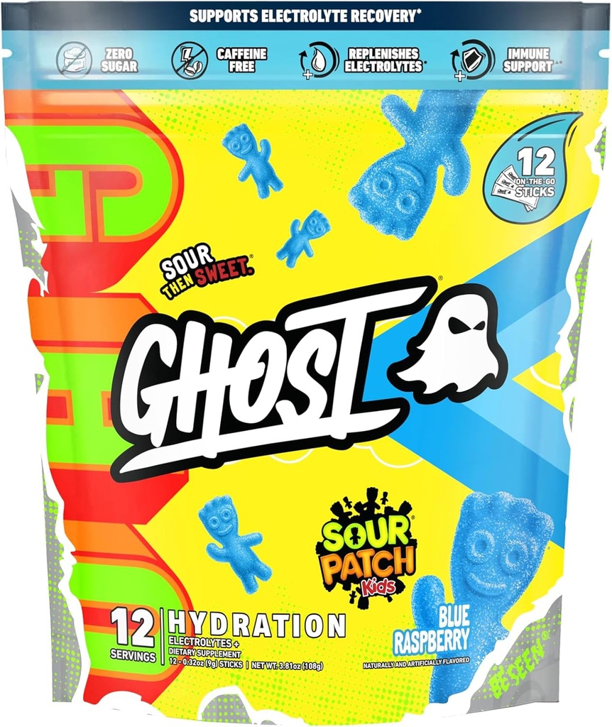 Pachete de hidratare GHOST, Sour Patch pentru copii Zmeură Albastră, 12 Sticks, Electrolit pulbere - Băutura Mix Supliment cu magneziu, potasiu, calciu, vitamina C - Vegan, fără soia, zahăr & Gluten