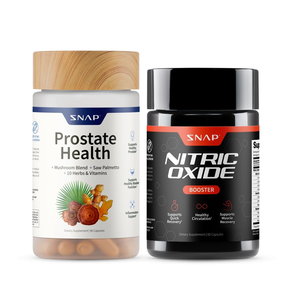 Snap Suplimente Prostate Health & Nitrooxide Supliment Bundle pentru bărbaţi, 90 + 60 Capsule vegetariene (1 lună de aprovizionare)