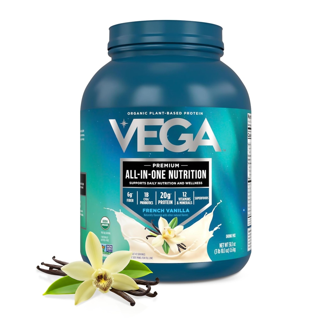 Vega All in One Nutrition Organic - 20g Proteină de mazăre pe bază de plante, Vanilla Franceză, 43 Serviri, Vitamine A & C, Probiotice, Verzi, Vegan, Keto, Gluten Free, 3.63lbs (Packaging May Vary)