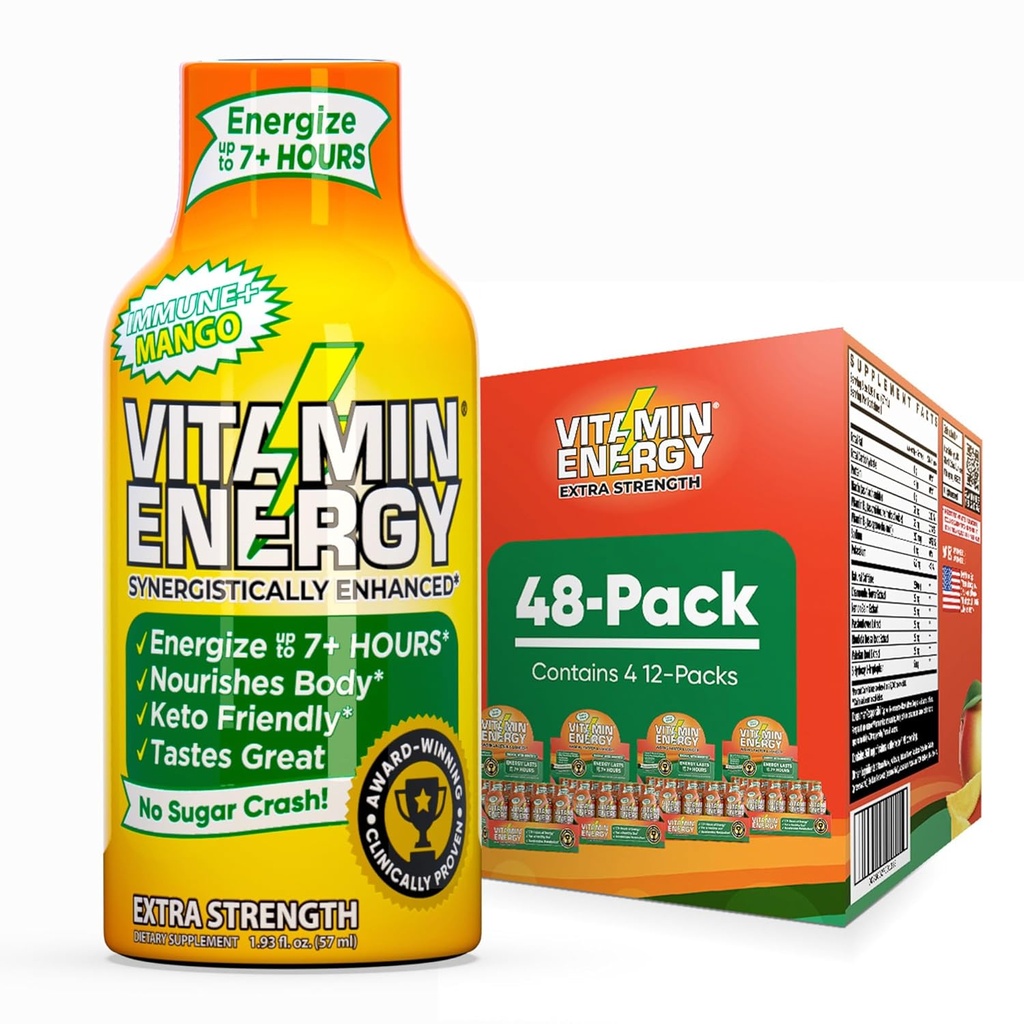 Vitamina Energie Immune+ Extra Putere Energie Shot Mango 48 Pack, 260mg Natural Cafeina, B-Vitamina, Ceai verde, Imunitate & Focus Support, Zero Zahăr, Gluten-Free 1.93 fl oz