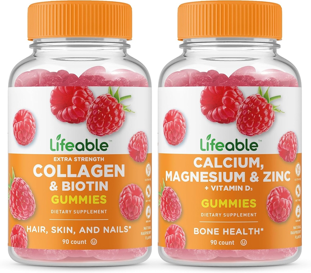 Colagen și Biotină cu viață + Calciu, Magneziu, Zinc & Vitamina D, Gummie Bundle - Guma mare Tasting, Suplimentul de vitamine, Gluten gratuit, GMG gratuit, Gummy mestecabil