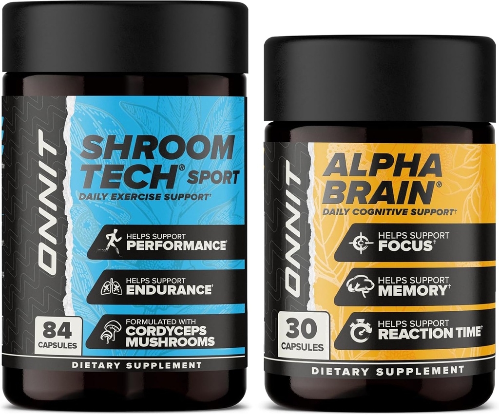 ONIT Premium Alpha Brain Bundle - Nootropic Brain Supplement (30 Count) for Focus, Concentration & Memory + Shroom Tech Sport for Exercice, Energy & Cardiovascular Performance (84 Count)