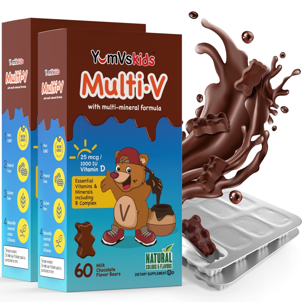 YUM-V'S - Kids Multivitamine Ursi de ciocolata masticabili - Multivitamine pentru copii Supliment - 16 Vitamine & Minerale - Vitamine inclusiv D, Zinc, C, B Complex & More, 60 Conte (Pachet de 2)