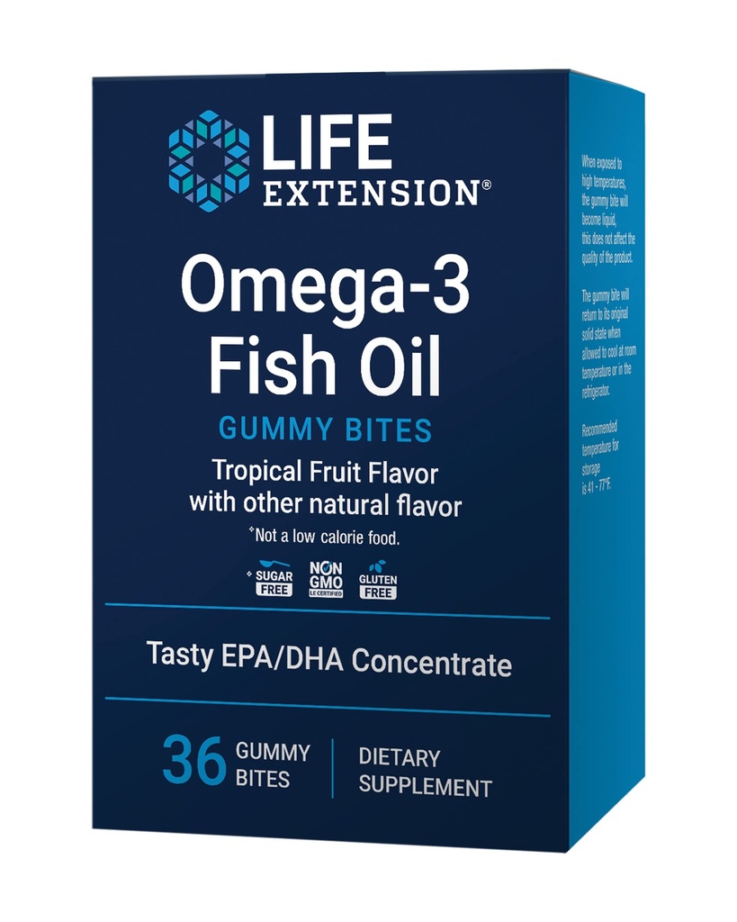 Extensie de viaţă Omega-3 Gummy Oil Bites, EPA DHA acizi graşi, EPA DHA suport de înaltă doză într-o formă delicios masticabile, non-GMO, gluten gratuit, 36 Gummy Bites