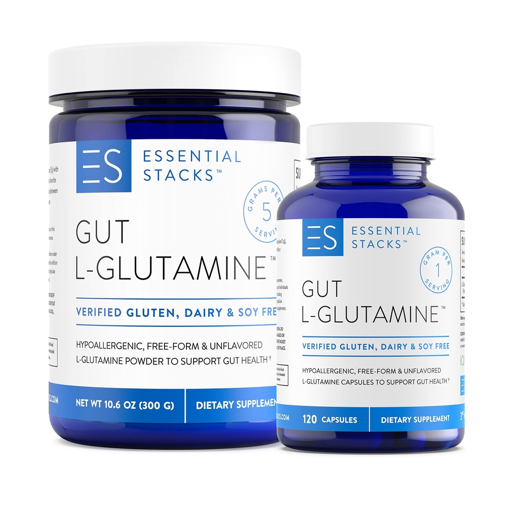 Stack-uri esențiale L-glutamină Home & Away Bundle - L Glutamina pulbere și capsule