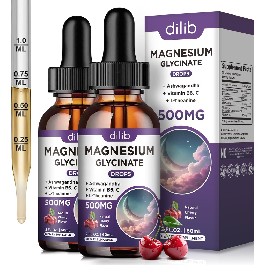 (2 ambalaj) Magneziu Glicinat Picături lichide 500mg, cu vitamina B6, Ashwagandha, L - Theanine, Mușețel, Magneziu Glycinate Supliment mare Absorbție pentru somn, Stres, Energie Mood - Aroma de cireșe