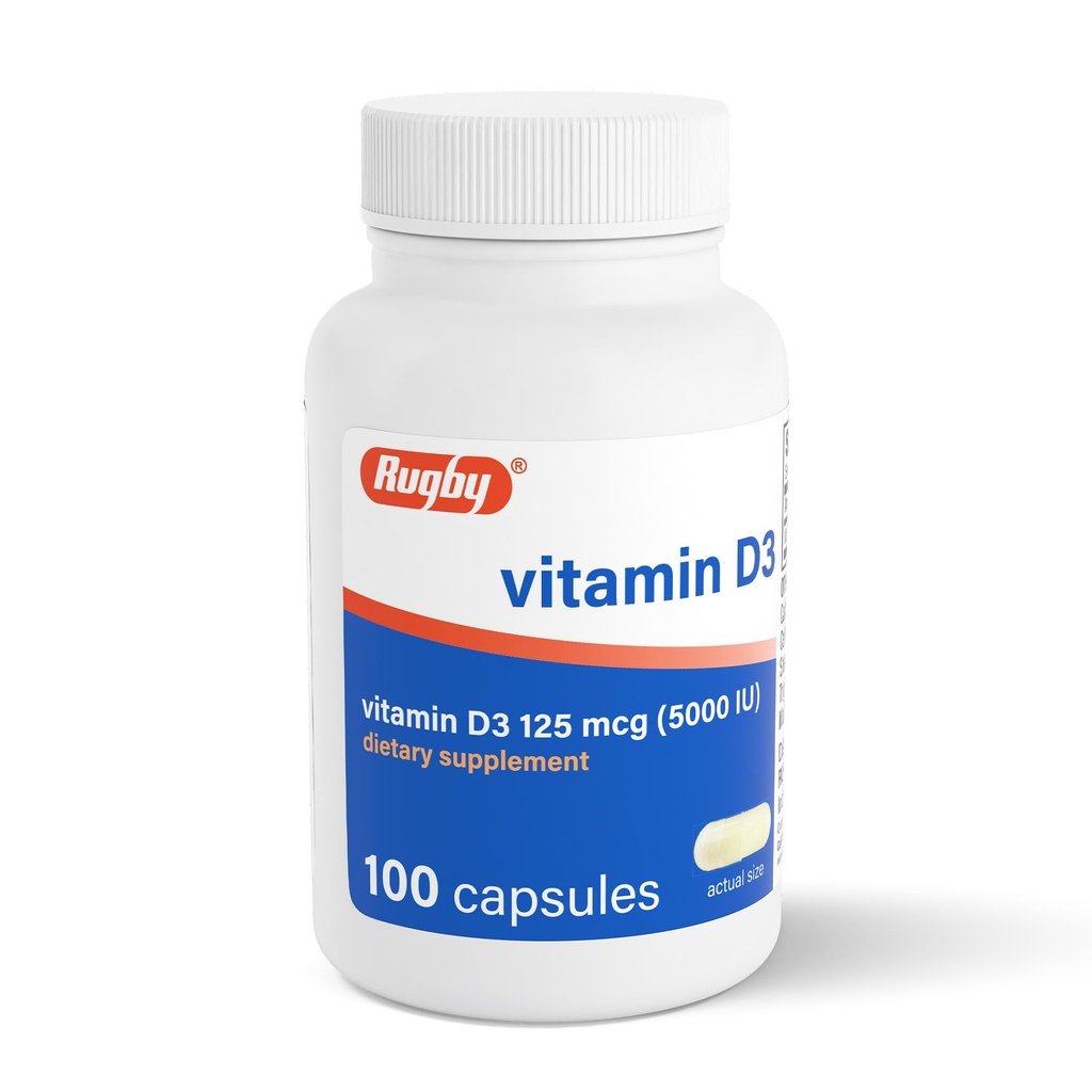 Rugby Vitamina D3 5000 UI (125 mcg) - Vitamina D Supliment alimentar pentru oase, dinți și sănătate imună, 100 capsule