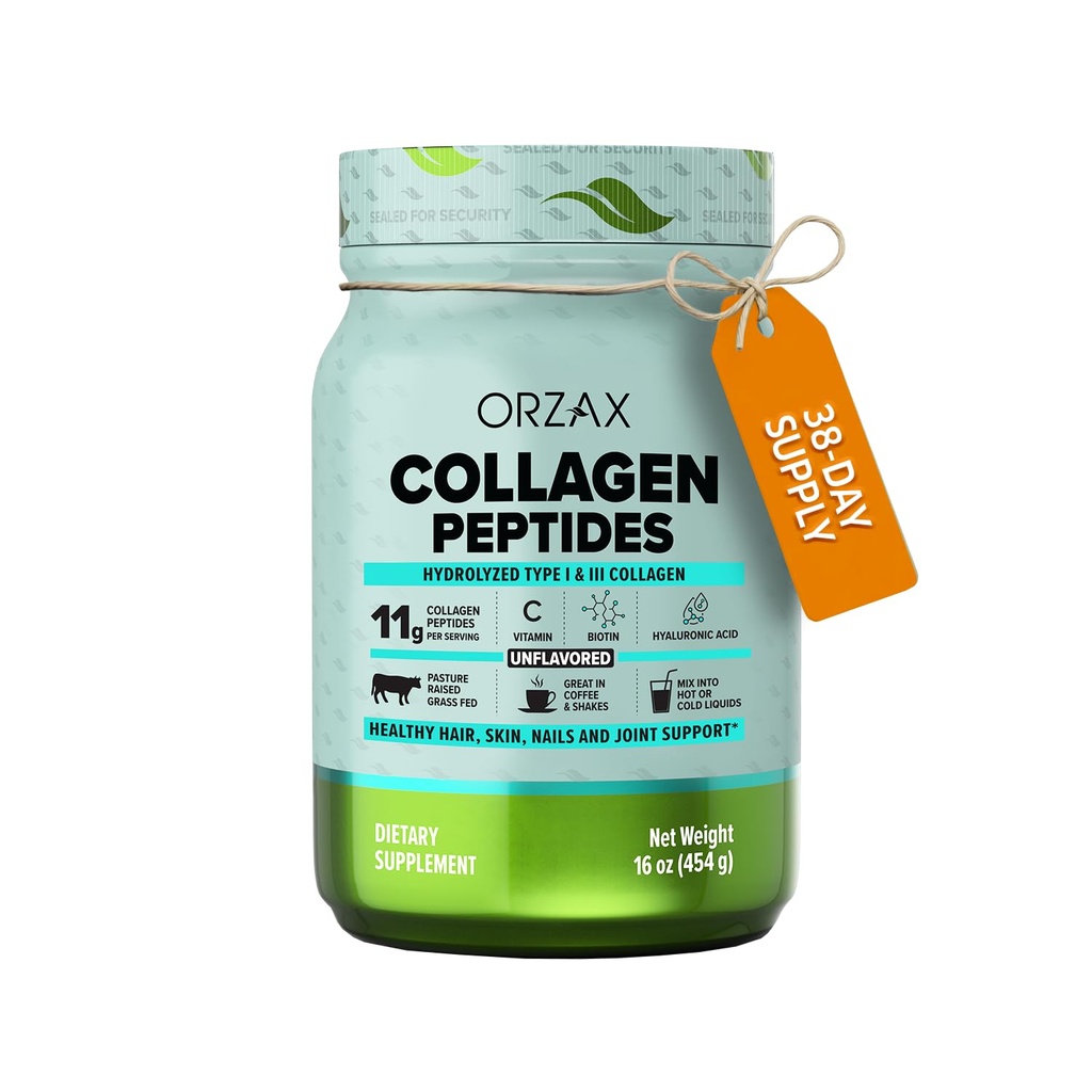ORZAX Colagen Peptides Powder - 11 g Colagen Tip I & III, Biotin & Acid hialuronic, 16 oz (neflavorizat)