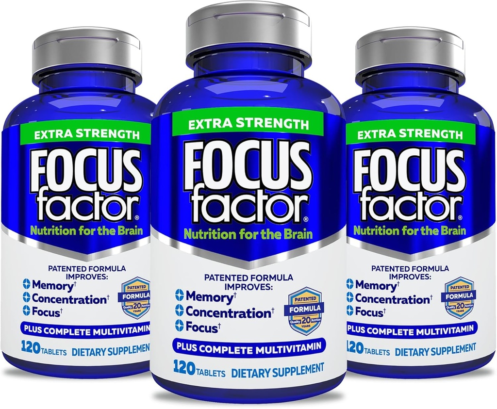 Focus Factor Adulţi Extra Putere, 120 Conte- Creier Supliment pentru memorie, Concentrare, Focus- DMAE, Vitamina D, DHA- Creier Health Supplement 