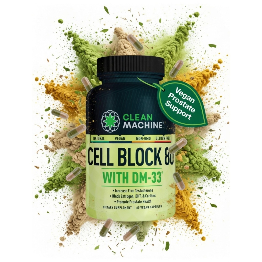 CLEAN MACHINE Cell Block 80 - Natural Vegan Testosteron Supplement, Estrogen, DHT & Cortizol Blocker - Prostate Health Supplement with KSM-66 Ashwagandha - 60 Veggie caps