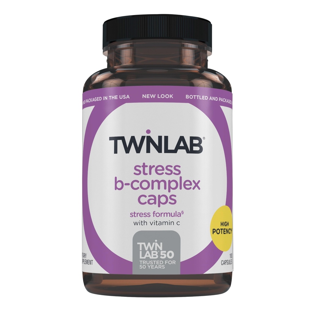 Capace Twinlab Stress B- Complex - complet B- Complex & 1000 mg Vitamina C - Supliment de suport energetic cu vitamine B12 și B6-100 Capsule
